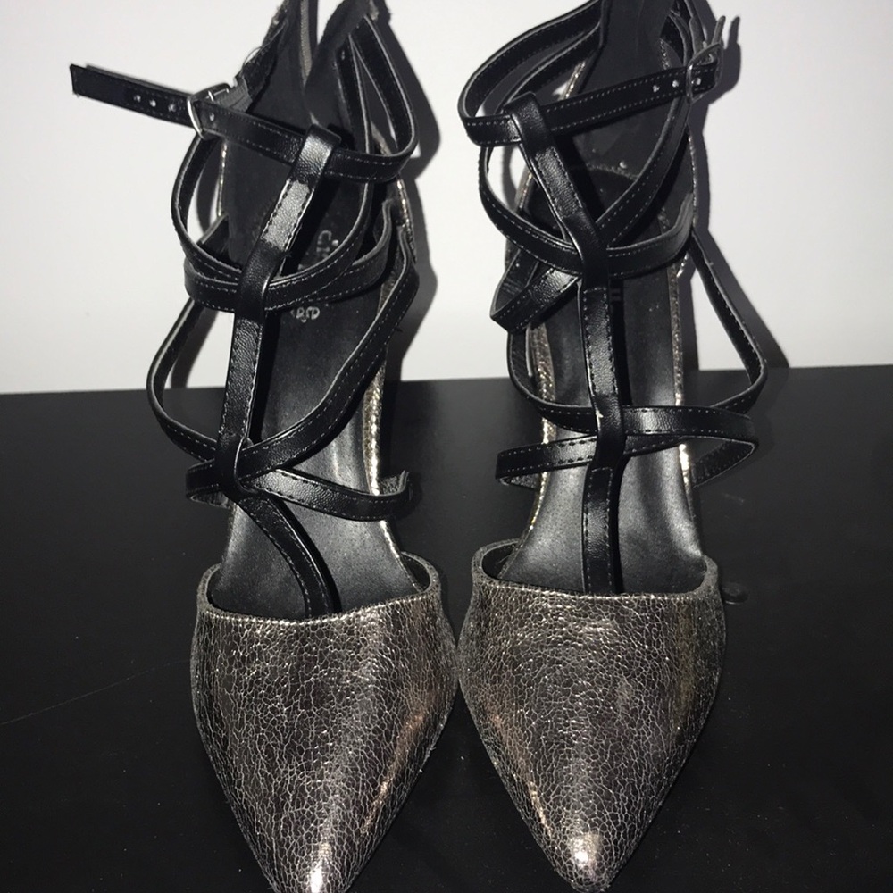 Silver metallic strappy heels